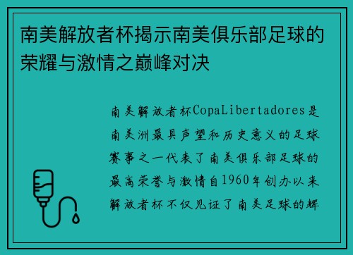 南美解放者杯揭示南美俱乐部足球的荣耀与激情之巅峰对决